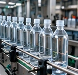 Illustration of bottles moving along an automated filling line